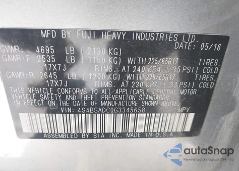 2016 Subaru Outback 2.5I Premium from USA, damaged, VIN 4S4BSADC0G3345658